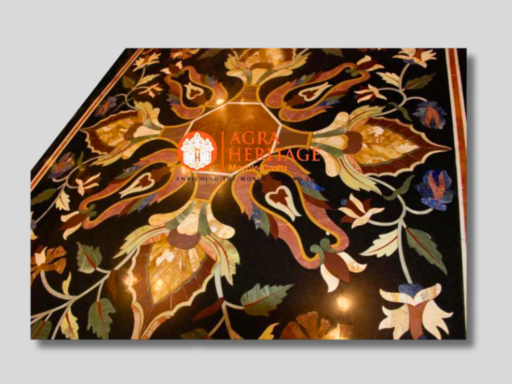 Black Marble Inlay Top Dining Table Floral Marquetry Decor
